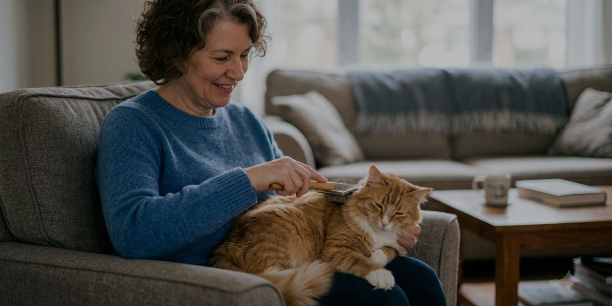 Smiling owner brushing fluffy orange tabby cat on cozy sofa