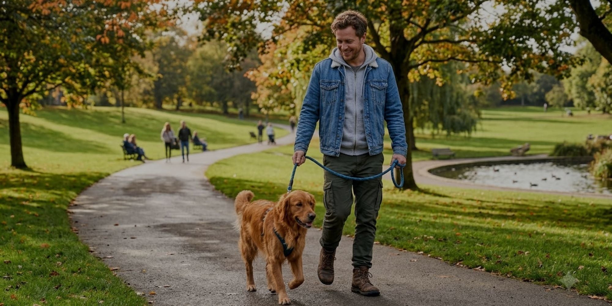 Happy pet owner walking golden retriever on autumn park path
